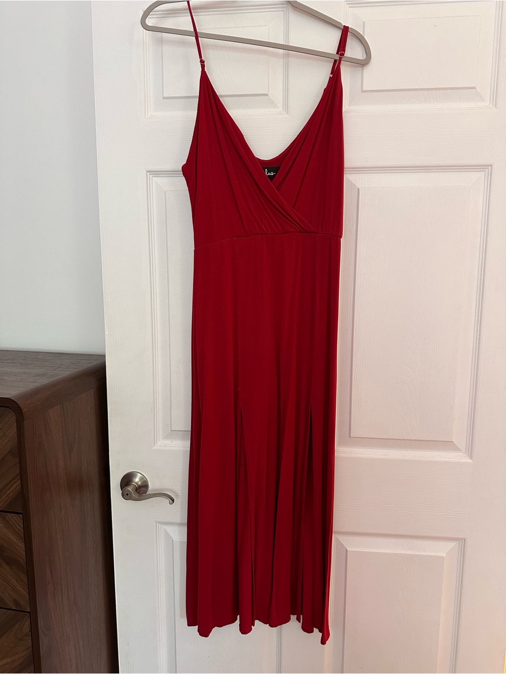 Lulu's Red Surplice V-Neck Maxi Dress with Spaghetti Straps